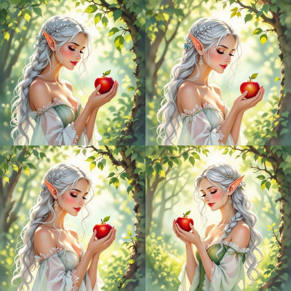 Elf Woman with Silver Hair Filigree in Sunlit Glade