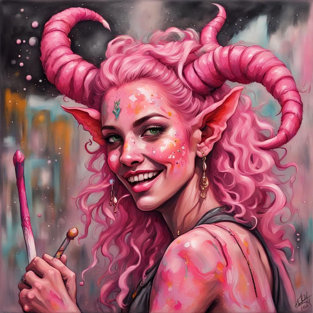 Bubblegum Tiefling Fire Dancer in Graffiti Art Style