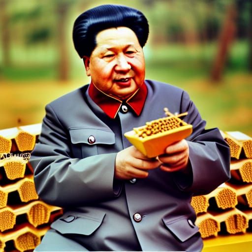 Mao Zedong eating honey out of a beehive