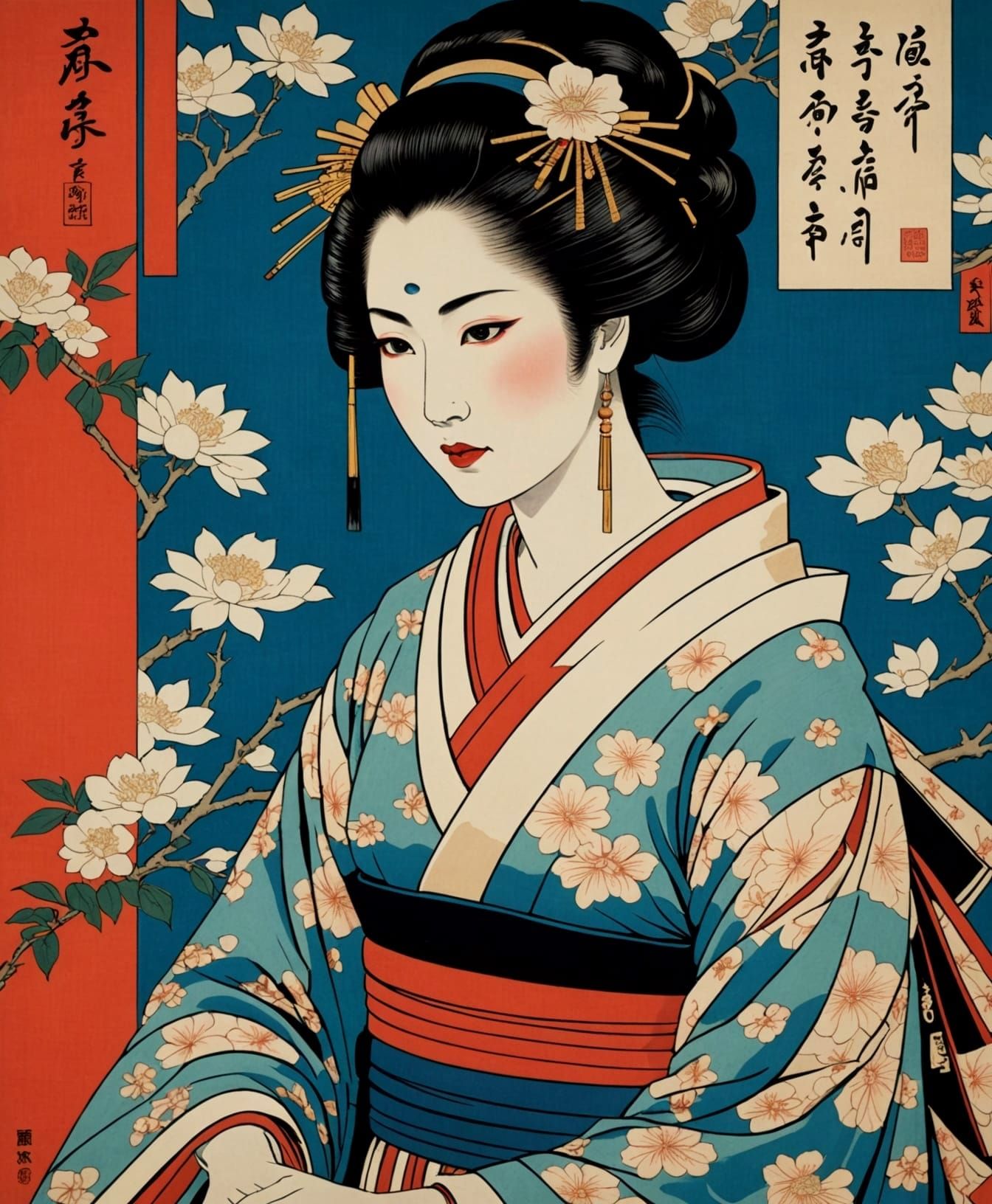 Ukiyo-e Geisha in Silk Kimono with Cosmic Background