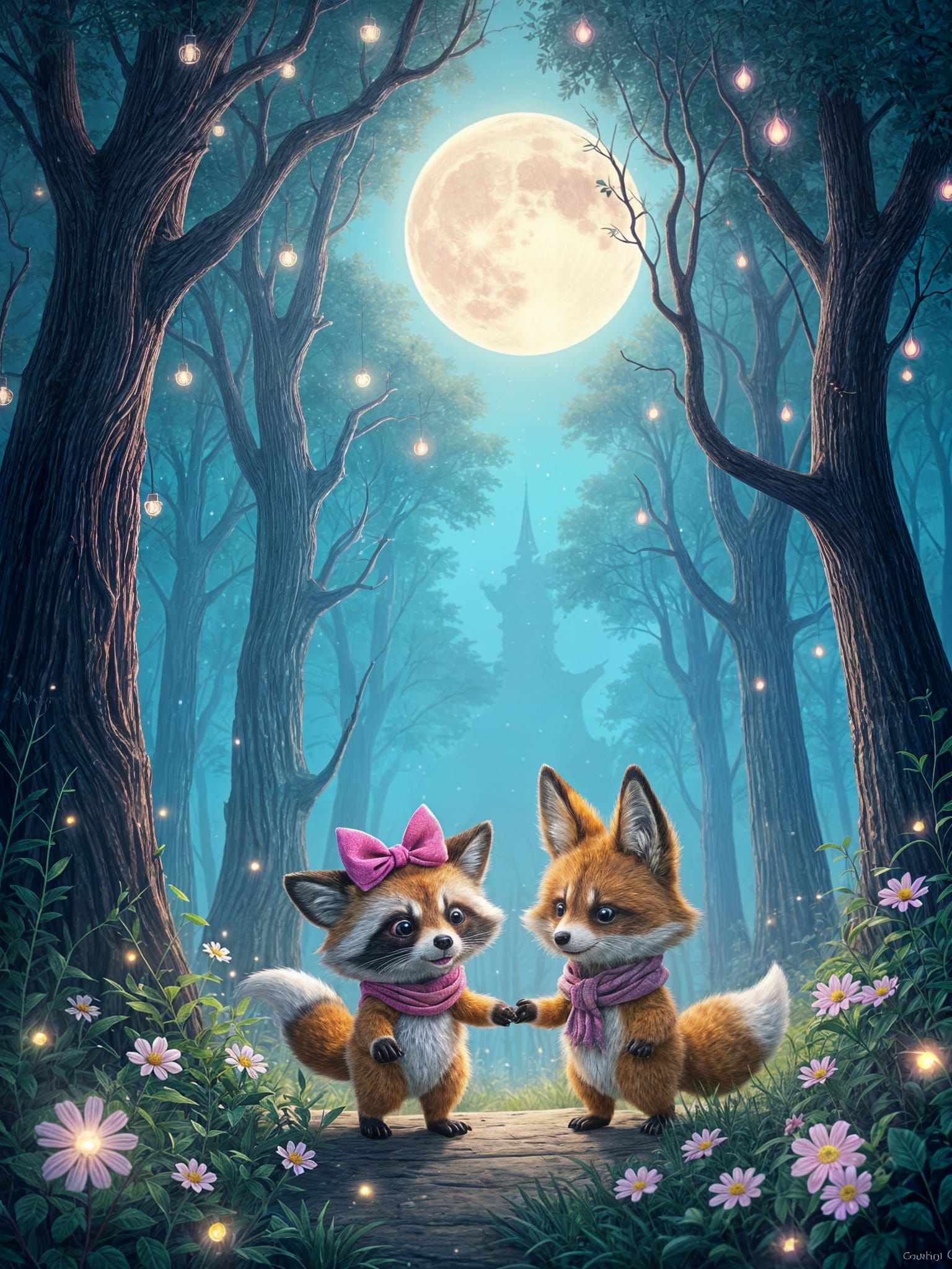 Fox and Raccoon Adventure in Enchanted Moonlight Woods