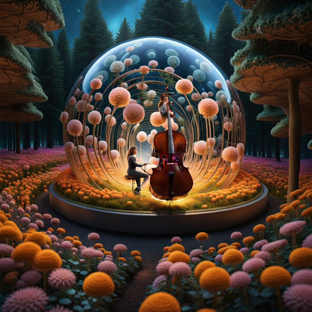 Cellist on Stargazing Platform in Surreal Style