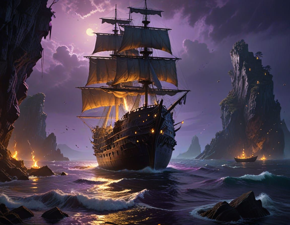 Dark Fantasy Concept Art of Ghostly Ships on a Dark Sea