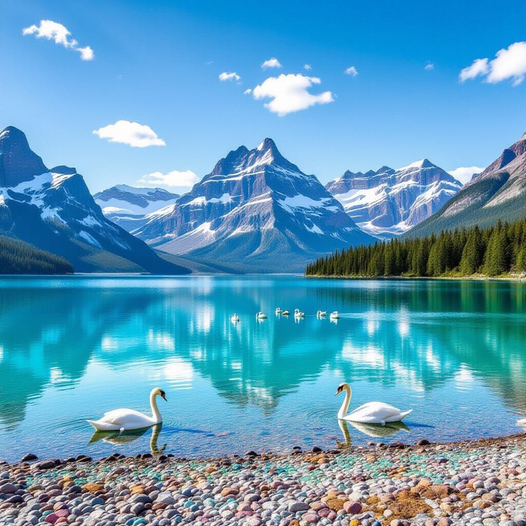 Serene Mountain Lake with Swans and Snowy Peaks