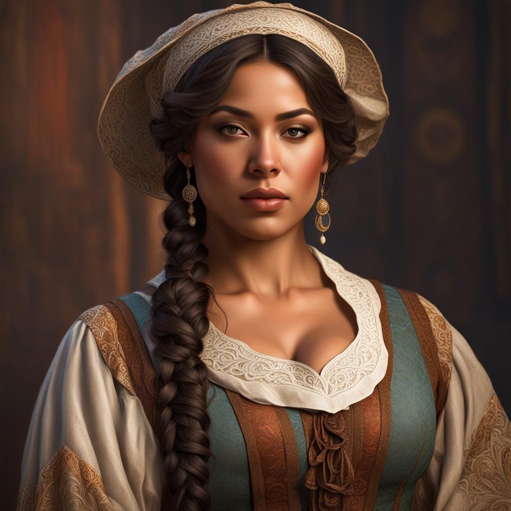 26 year old mixed race woman  :: in peasant wear :: round face, chubby, curvy :: portrait :: highly intricate and hyperd...