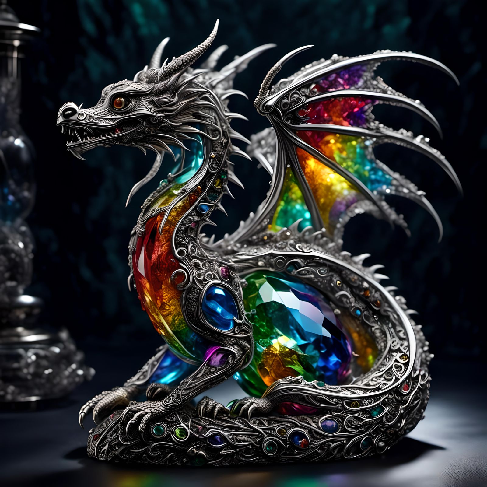 Rainbow Glass Dragon Sculpture with Silver Filigree