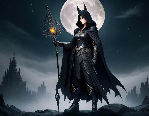 Mystical Moon Figure with Wings and Staff