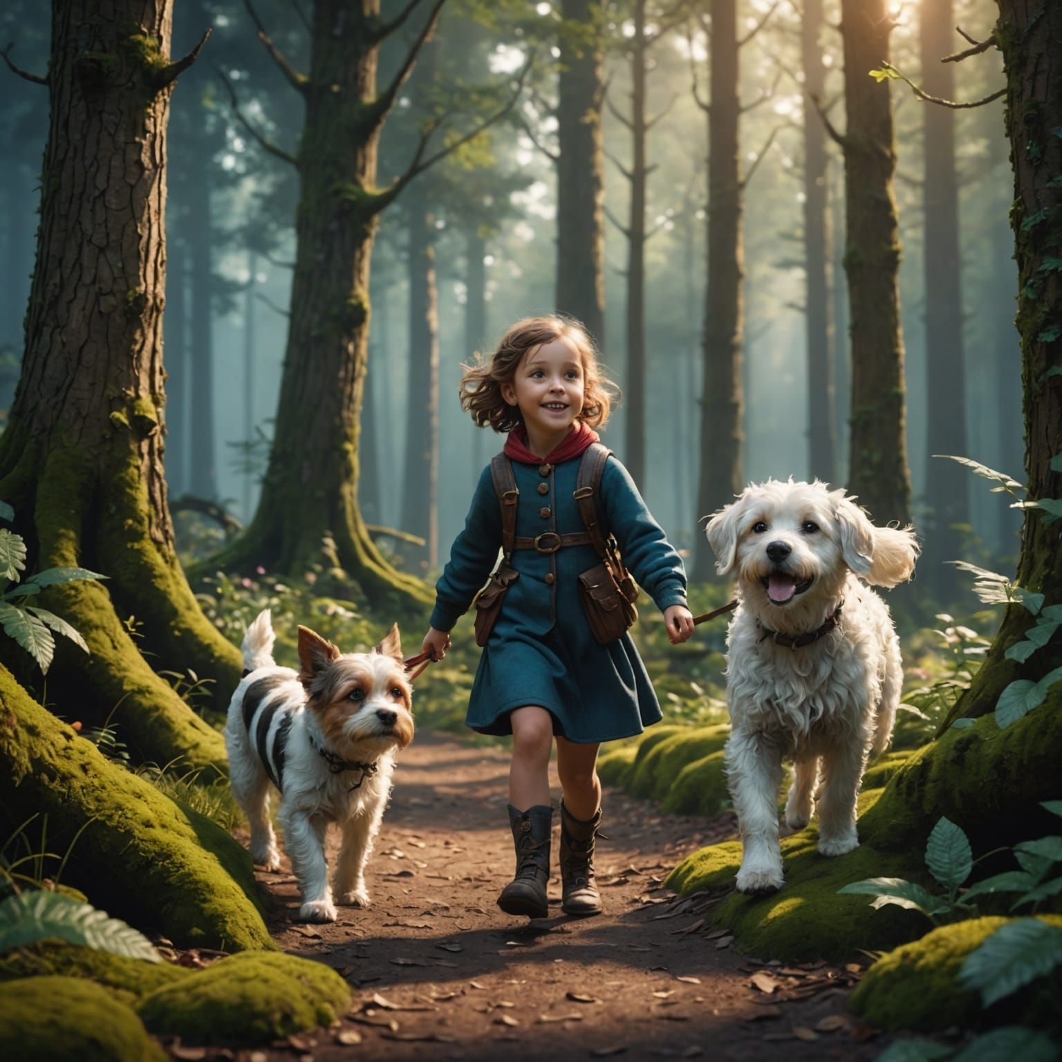 Girl and Dog in Woods: Detailed Matte Painting