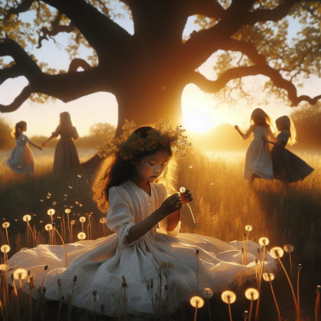 Whimsical Girl Among Dandelions in Sunlit Clearing