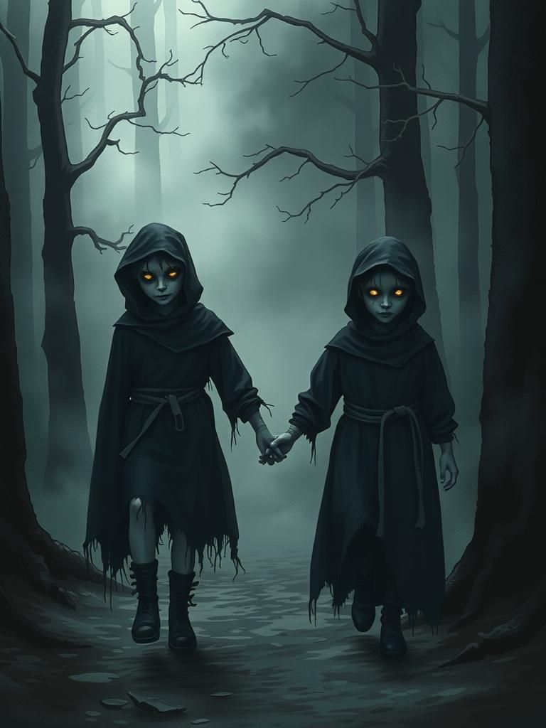 Sinister Children in Dark Forest, Fantasy Illustration