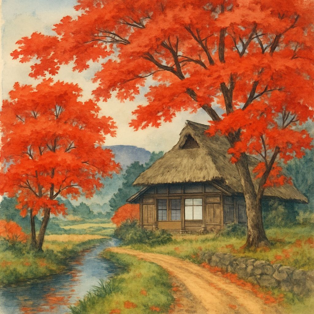 Beautiful Autumn Watercolor of Rural Japan