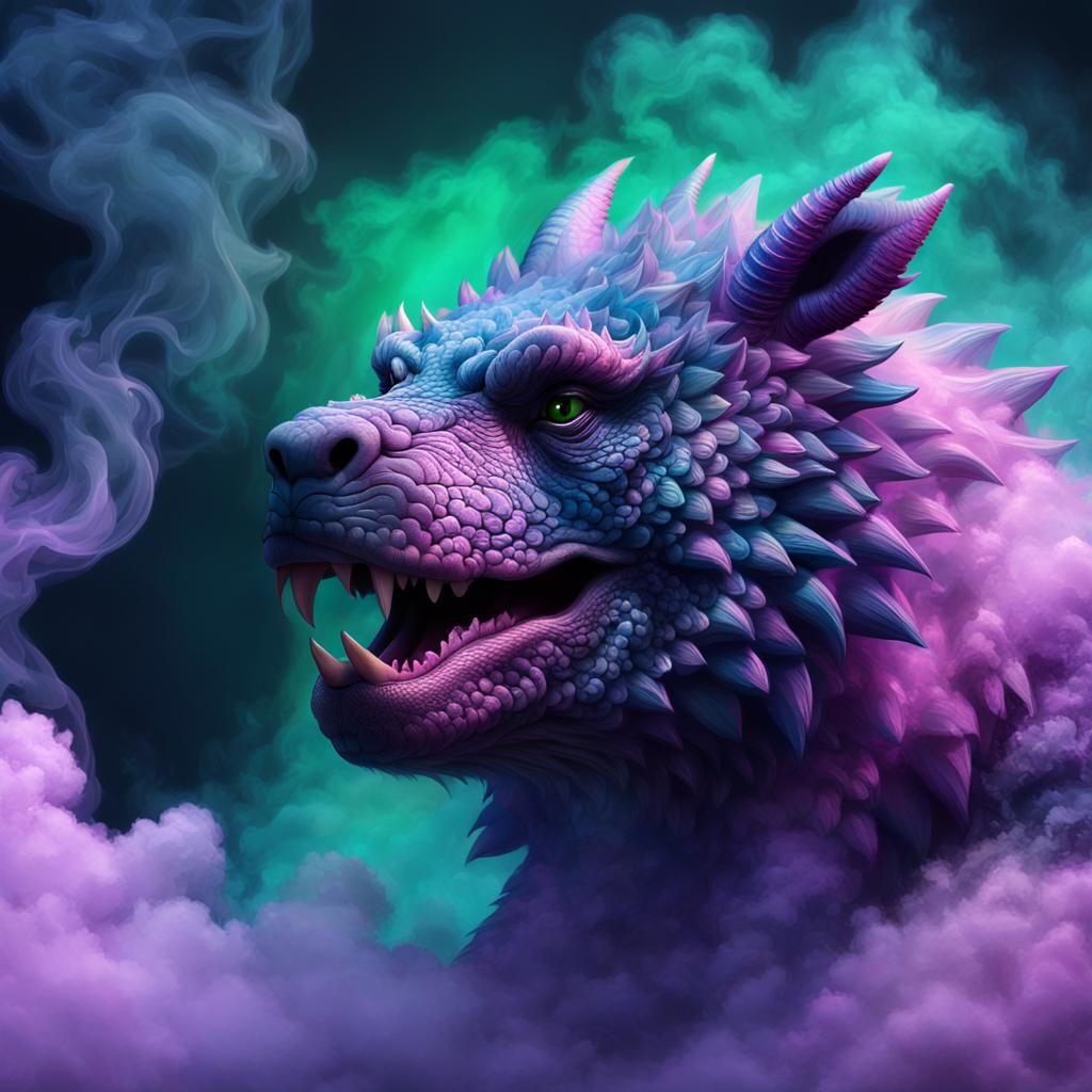 Fuzzy Blue Dragon Portrait with Rising Smoke
