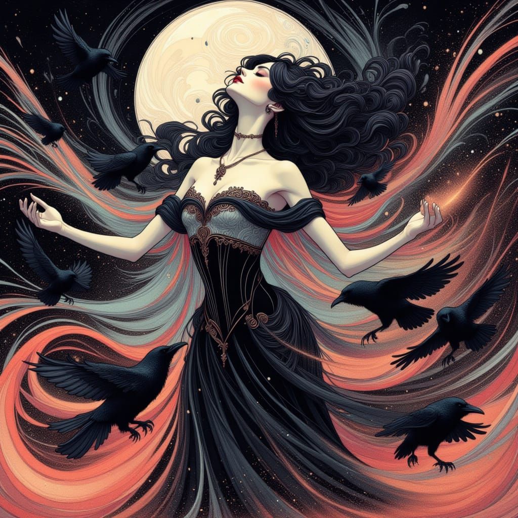 Woman Dancing with Crows Under Full Moon in Pop Art Style