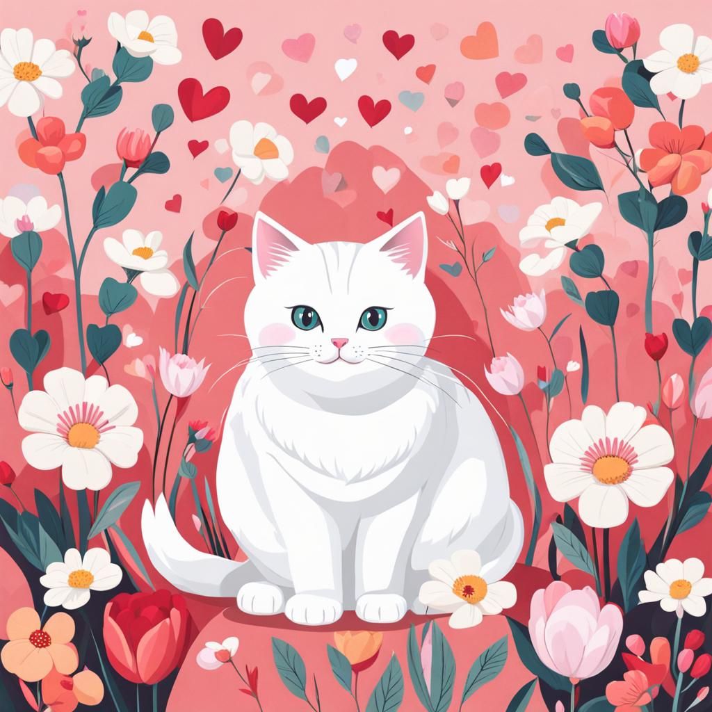 Cute White Cat Surrounded by Flowers and Hearts