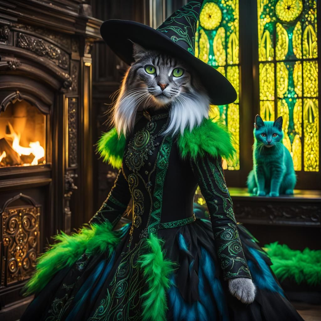 Green Feline Witch in Medieval Fantasy House