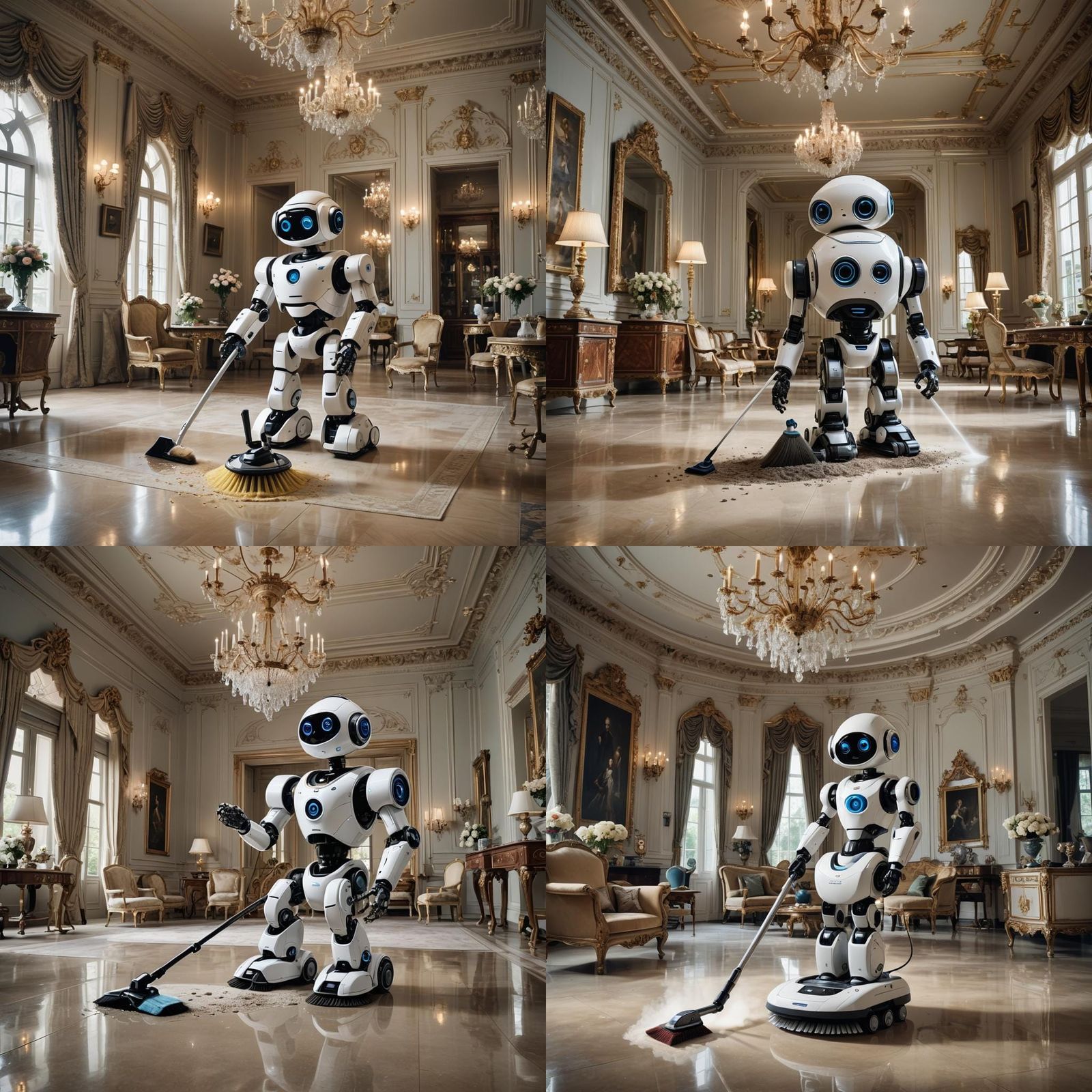 Cute Robot Sweeping Mansion in Detailed Digital Painting