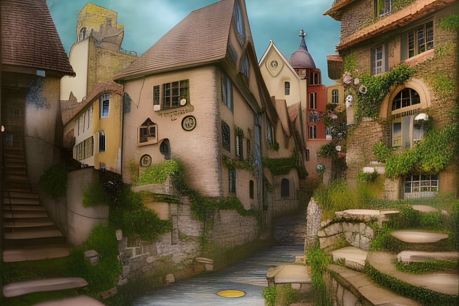 Medieval Village Street in Pre-Raphaelite Style