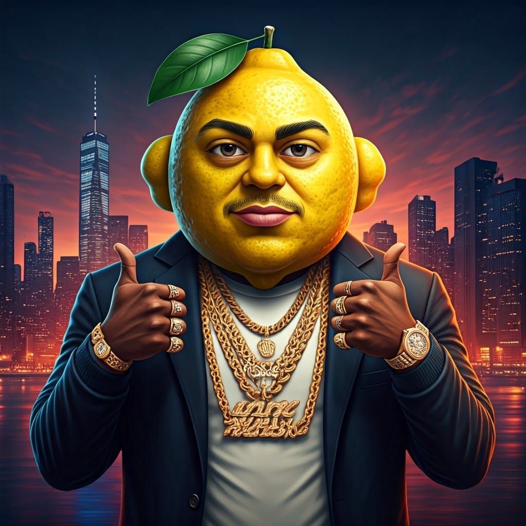 Confident Lemon Head Rapper Gives Two Thumbs Up, Wearing Gol...