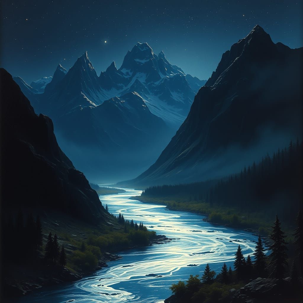 Moonlit Mountains and River in the Night