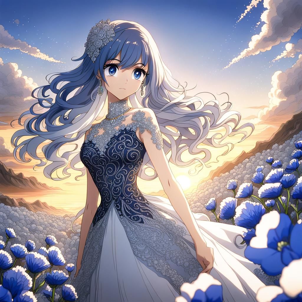 Anime Girl with Pink Hair in Lace Gown