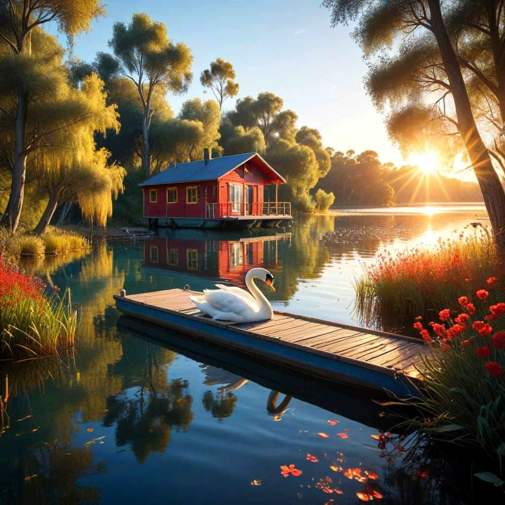 Surreal Blue and Red Houseboat Glows on Majestic Blue Lake