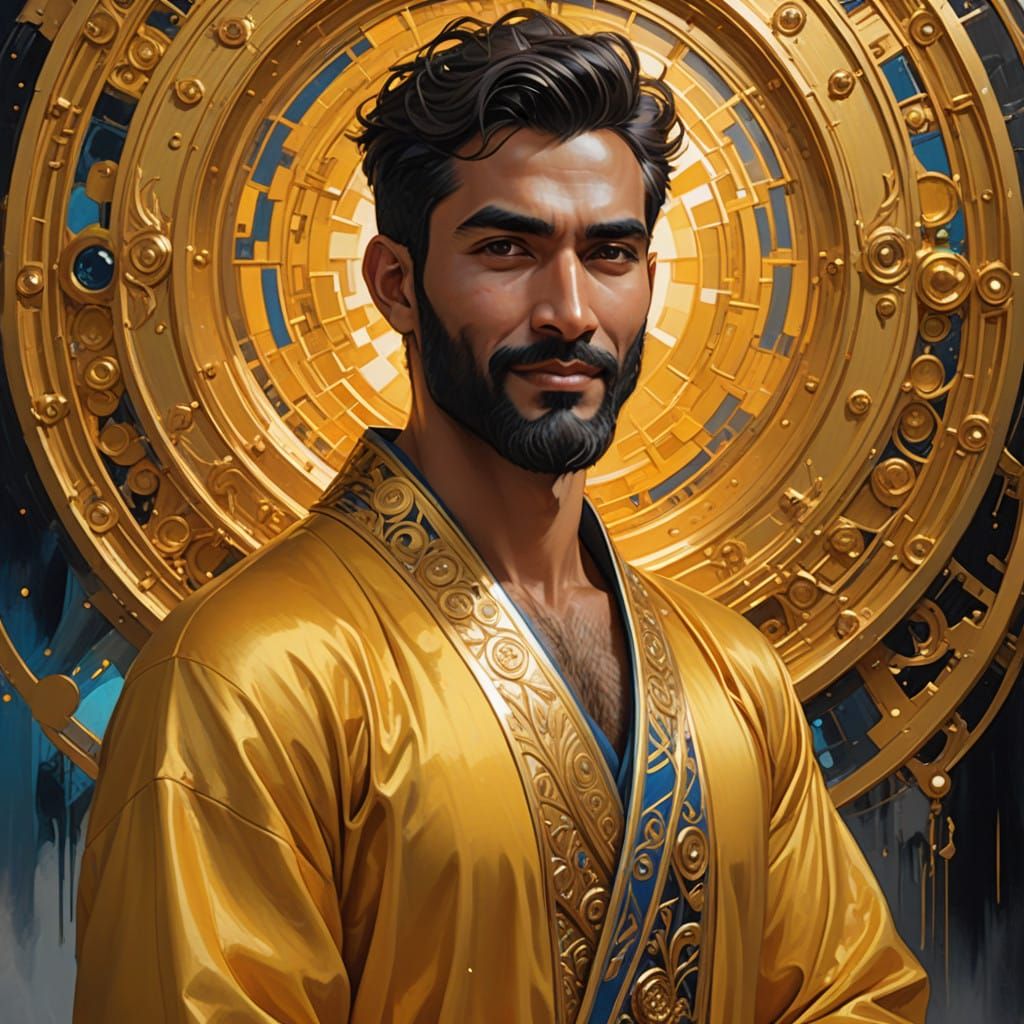 Handsome Hirsute Gentleman in Velvet Robe Amidst Snowy Mount...