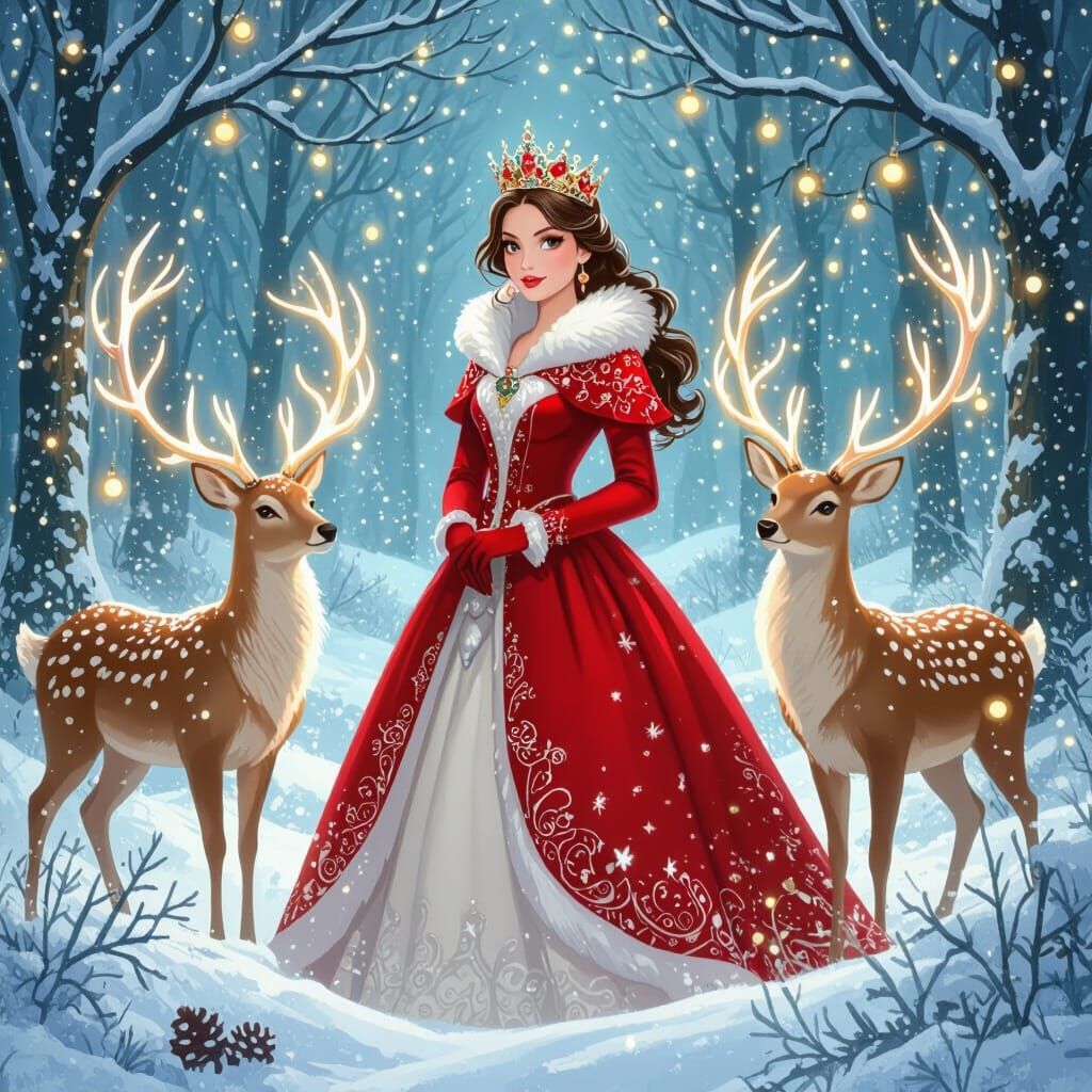 Princess with Mystical Deer in Snowy Forest