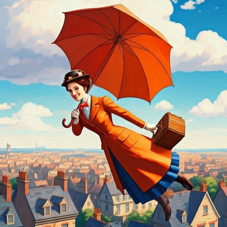 Spirited Mary Poppins Takes Flight in Whimsical Watercolor