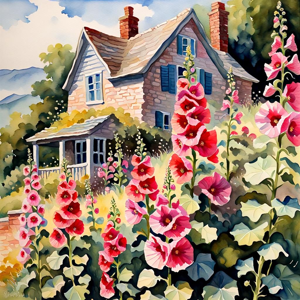 Hollyhocks by Cottage: Watercolor Impressionist Painting