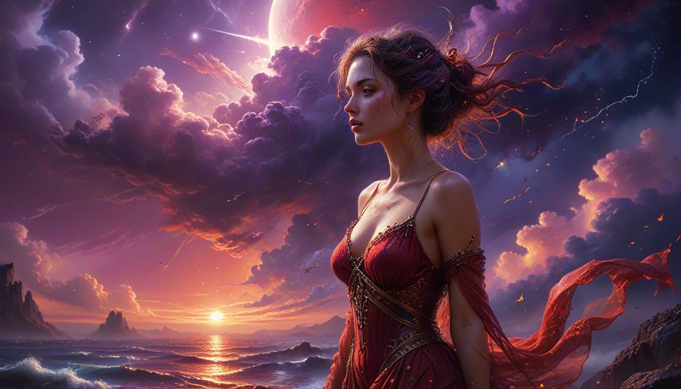Ethereal Woman in Crimson Moonlight, Fantasy Art