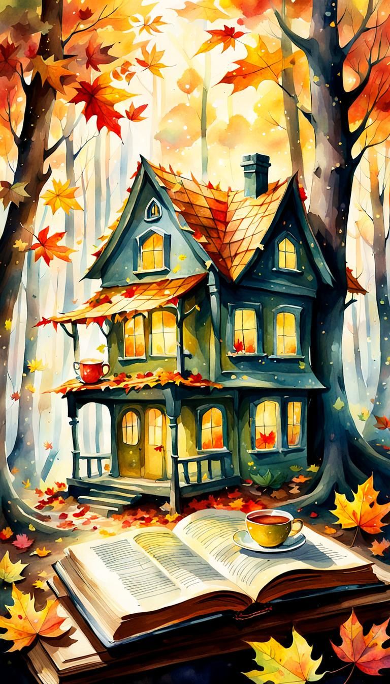 Autumn Leaf House in Whimsical Watercolor Forest