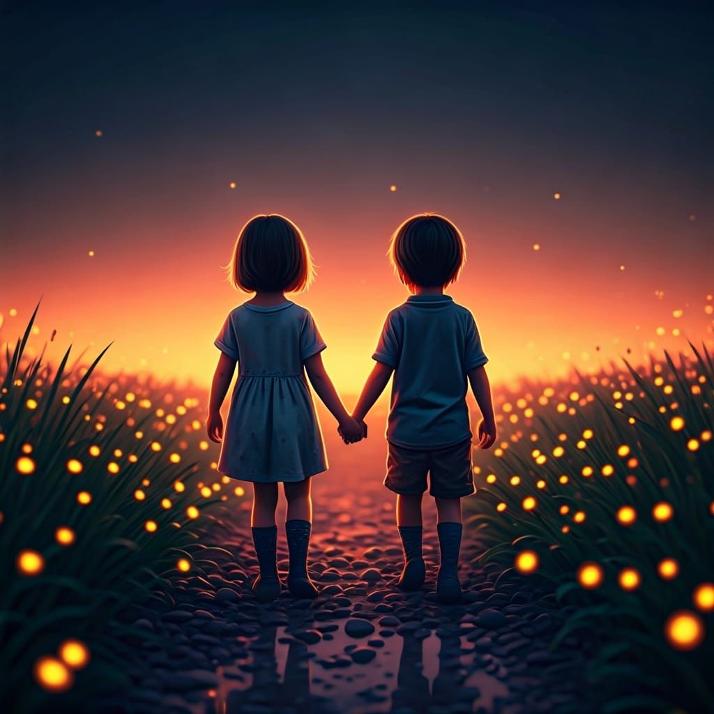 Children in Bioluminescent Field at Twilight