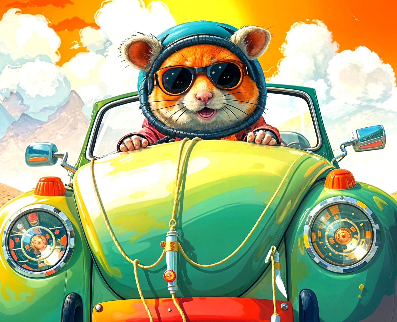 Whimsical Hamster Drives Vibrant VW Beetle