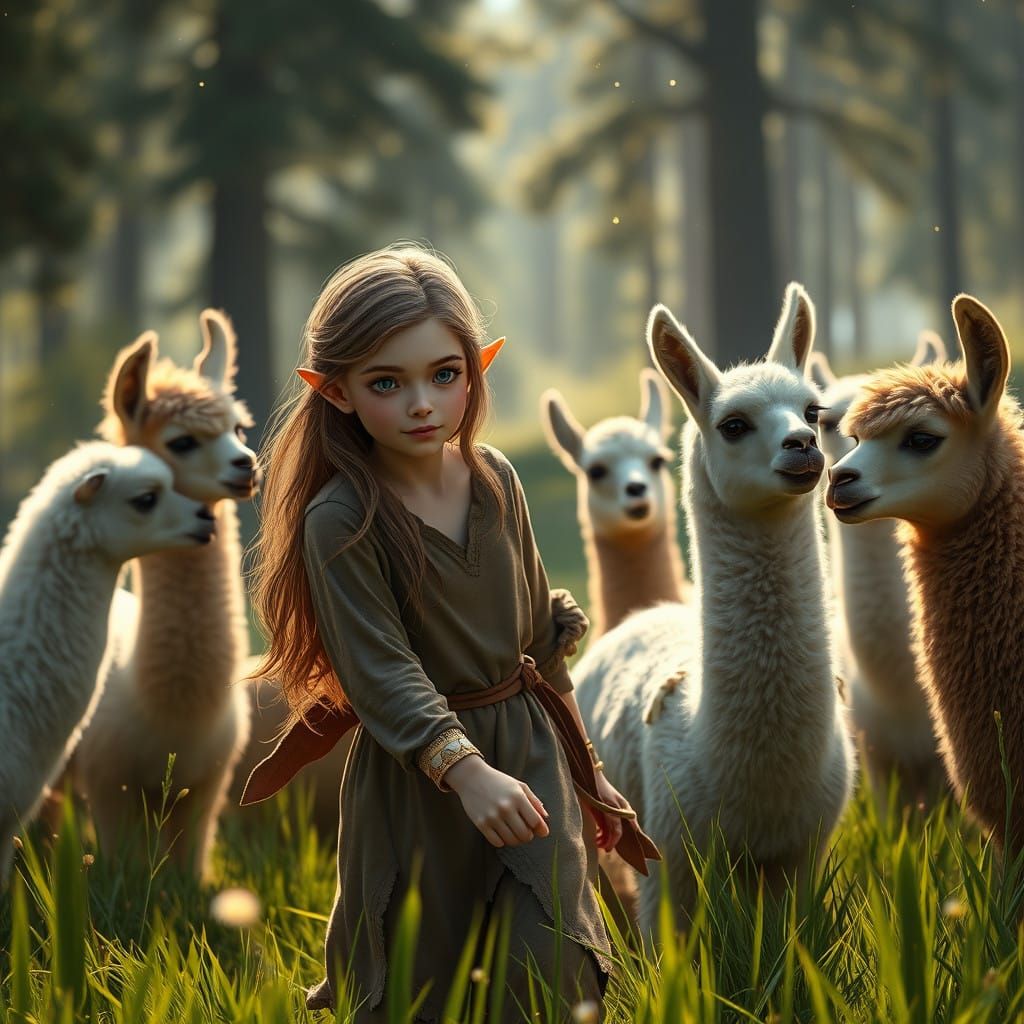 Ethereal Fantasy Scene Featuring Lady Elf and Llamas in a Vi...