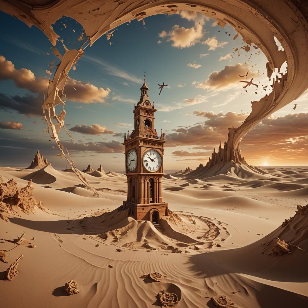 Surreal Clock Tower in Dreamlike Landscape