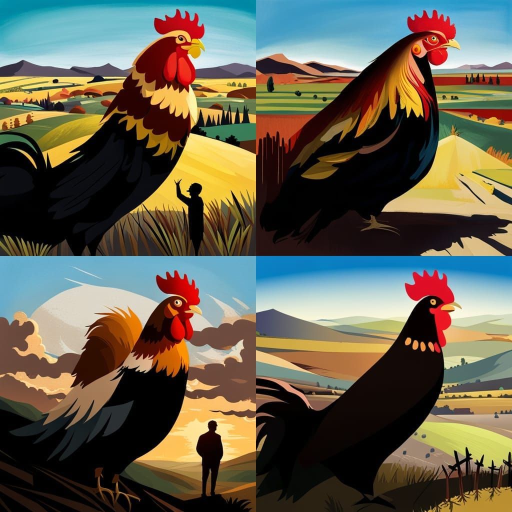 Giant oversized huge rooster looming menacingly over sunny c...