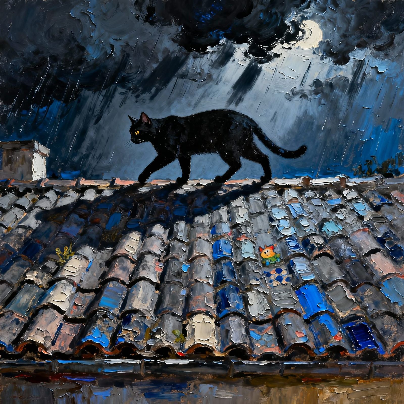 Black Cat on Tiled Roof in Stormy Expressionist Style