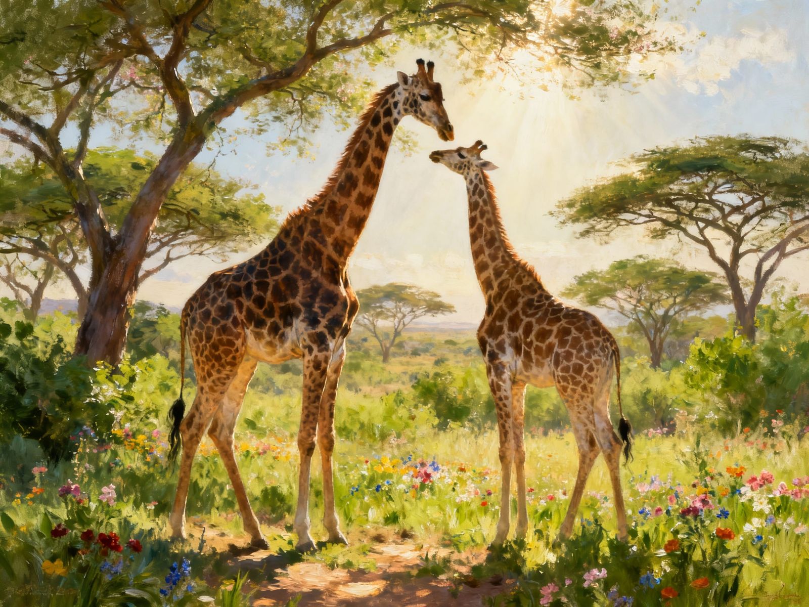 Regal Giraffes Court in Spring Savanna Oil Painting
