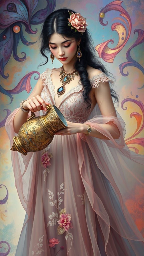 Ethereal Goddess in Diaphanous Gown, Pouring Water Amidst Vi...