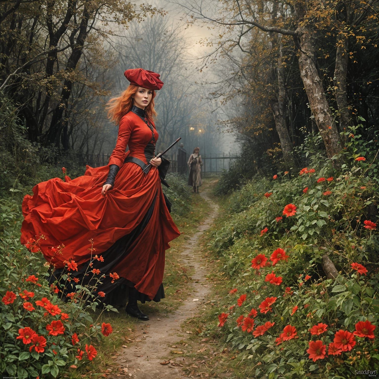 Red-Haired Woman in Misty Paris, Autumn Colors