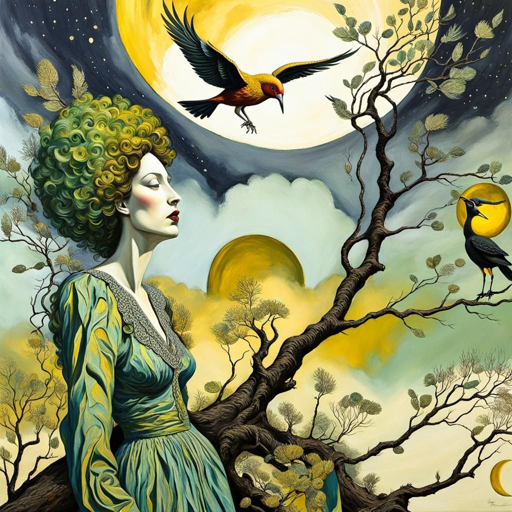 Dreamlike Surreal Scene with Figure Under Moon
