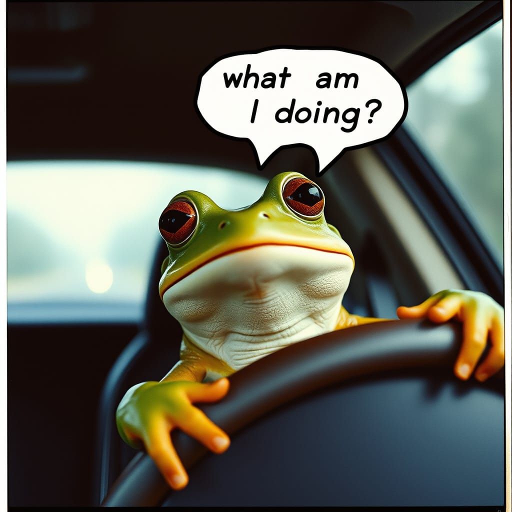 Confused Frog Driving a Car in Cinematic Style