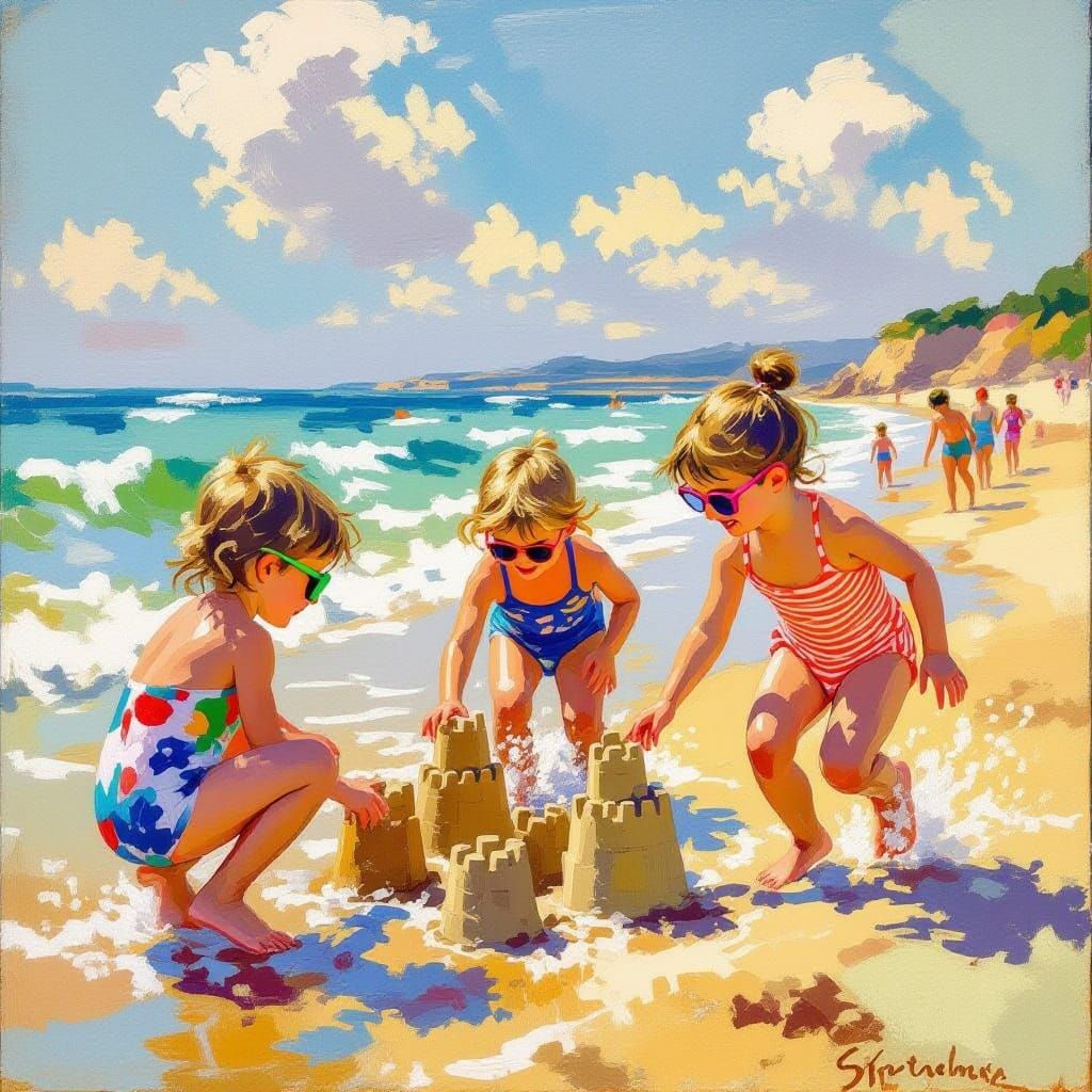 Children at Play in Vibrant Beach Scene
