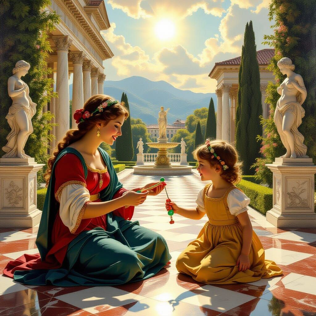 Renaissance Painting of Woman and Girl Playing Yo-Yo