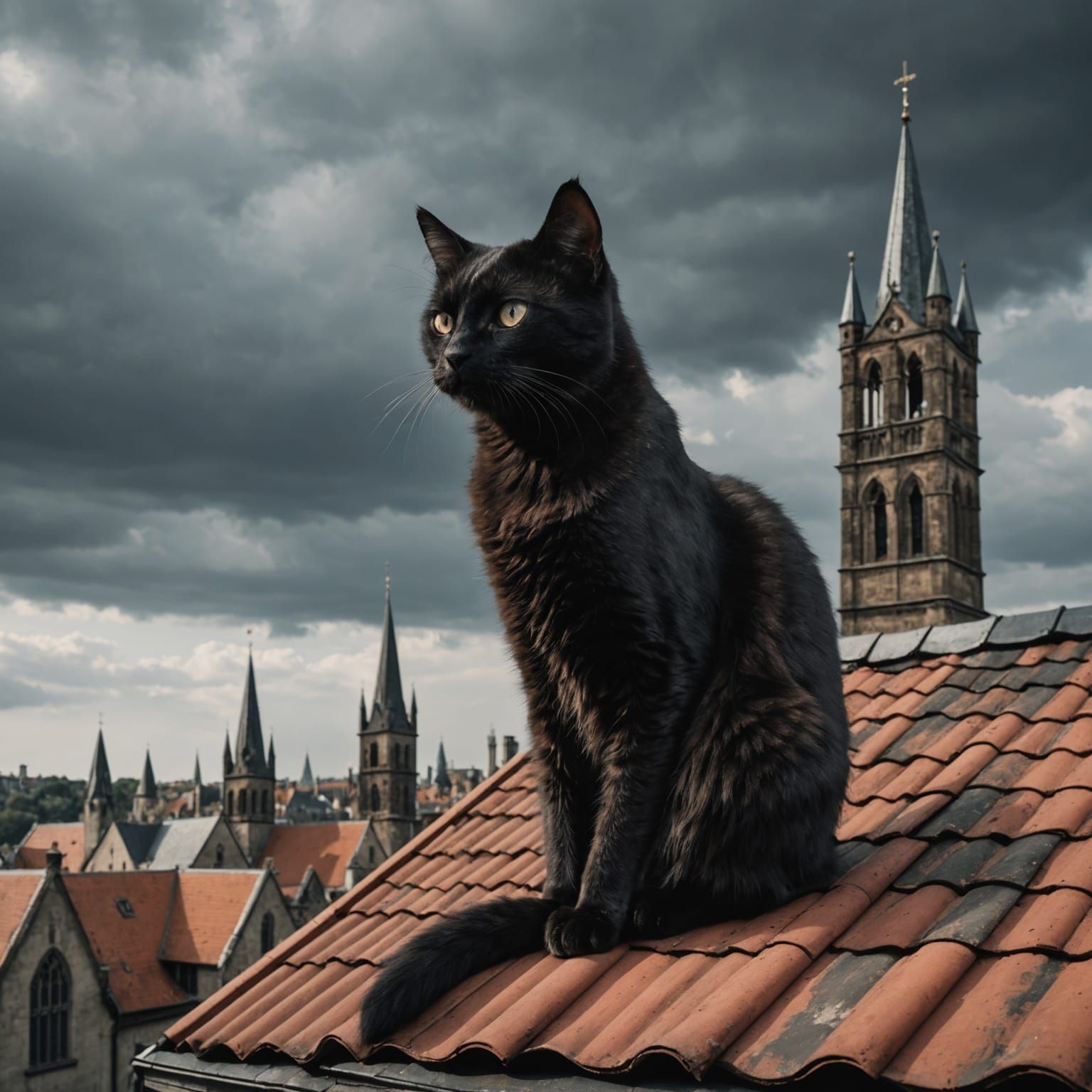 Cat on a Roof in Gothic Art Style
