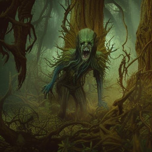 Terrifying Banshee in Dark Forest: Detailed Fantasy Art