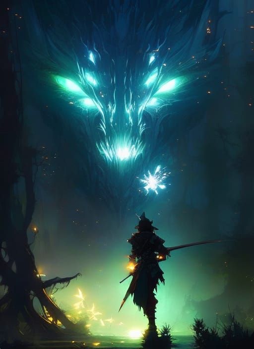Bioluminescent Leshen in a Night Forest