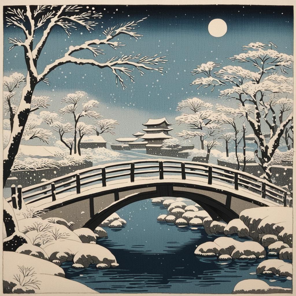 Winter Canal Scene in Ukiyo-e Style