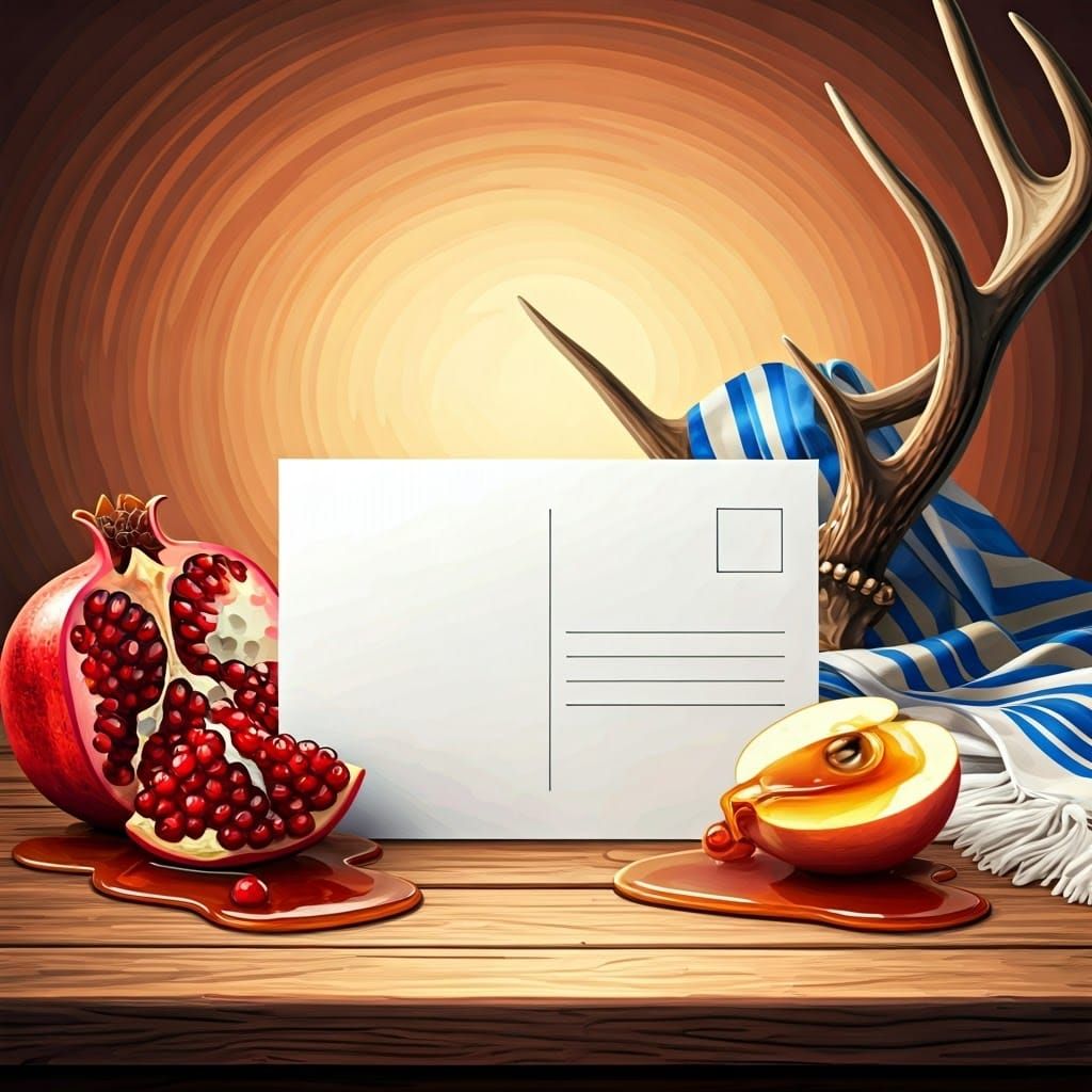 Postcard with Pomegranate, Apple and Antler in 3D Watercolor