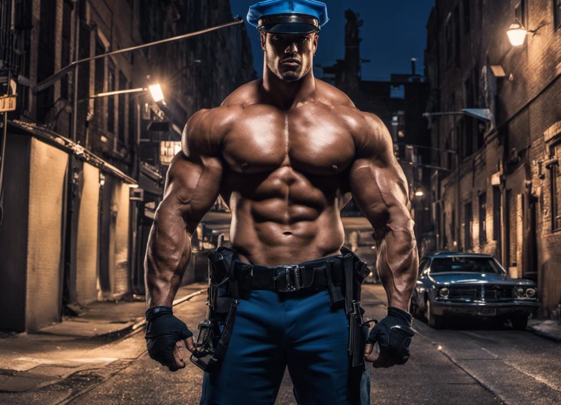 Muscular Police Bodybuilder in Alley at Night